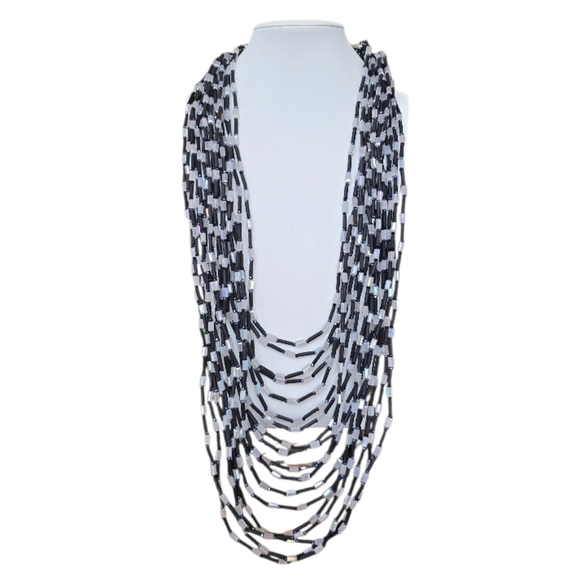 Jewelry - Art Deco Style Multistrand Black White Glass Bead Necklace